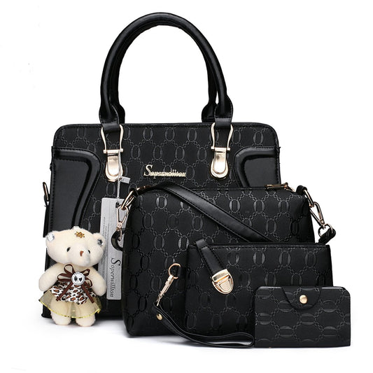 Women’s Fashion Handbag Set – 4PCS Tote, Shoulder Bag, Crossbody & Wallet Purse Set (A-Black)