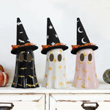 Ceramic Ghost Halloween Décor Set – 3-Piece Light Yellow Ghost Figurines with Witch Hats & Tea Lights