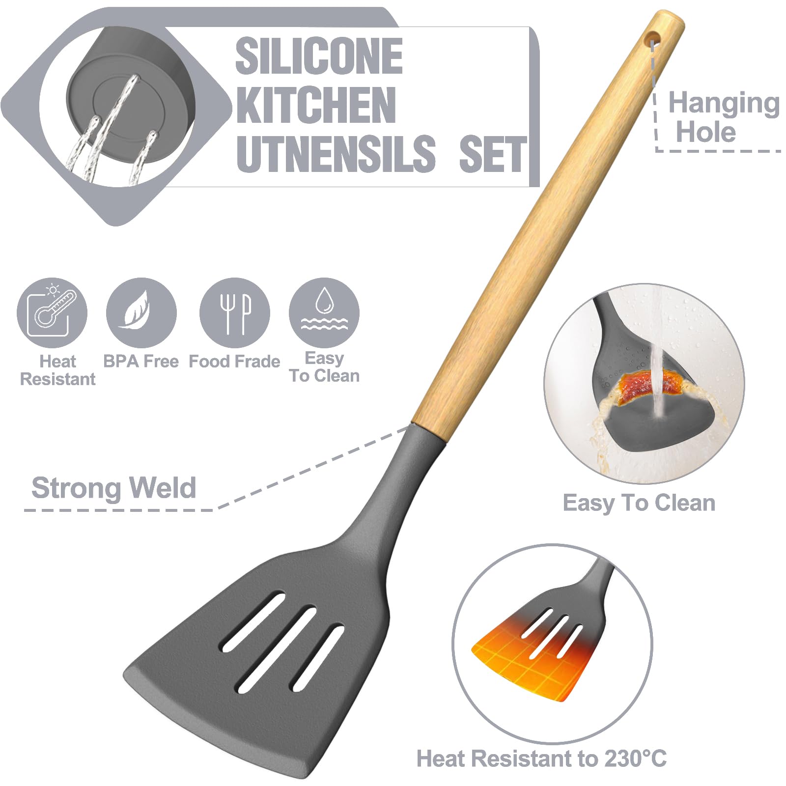 Umite Chef 34-Piece Silicone Kitchen Utensil Set with Wooden Handles – Heat Resistant Cooking Tools with Holder for Nonstick Cookware (Dark Gray)