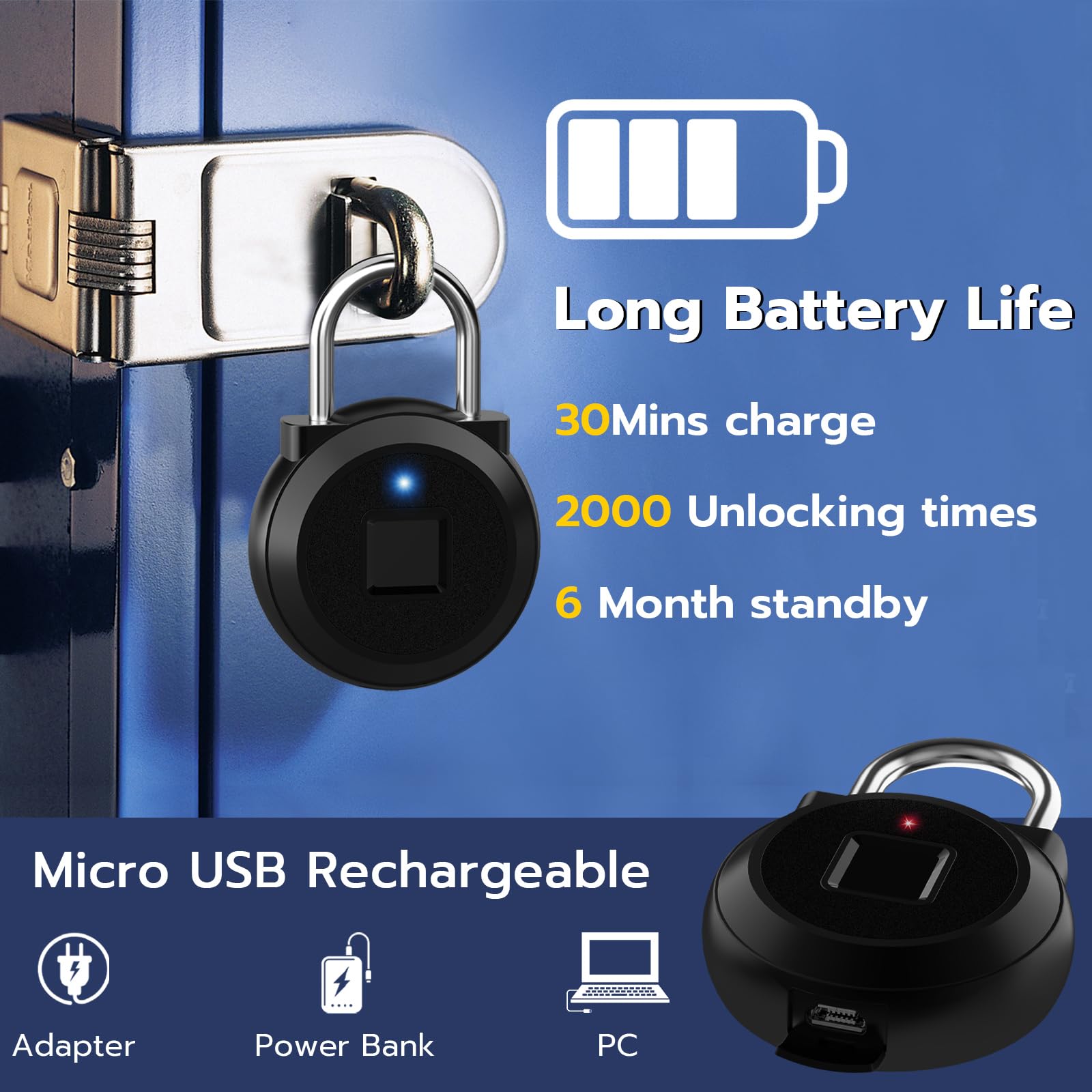 Bluetooth Fingerprint Smart Padlock, USB Rechargeable Biometric Locker Lock for Gym, School, Cabinets & Travel Bags