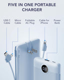 VRURC 10000mAh Portable Power Bank – Built-in Cables & AC Wall Plug, Compact Travel Charger with LED Display (Blue)