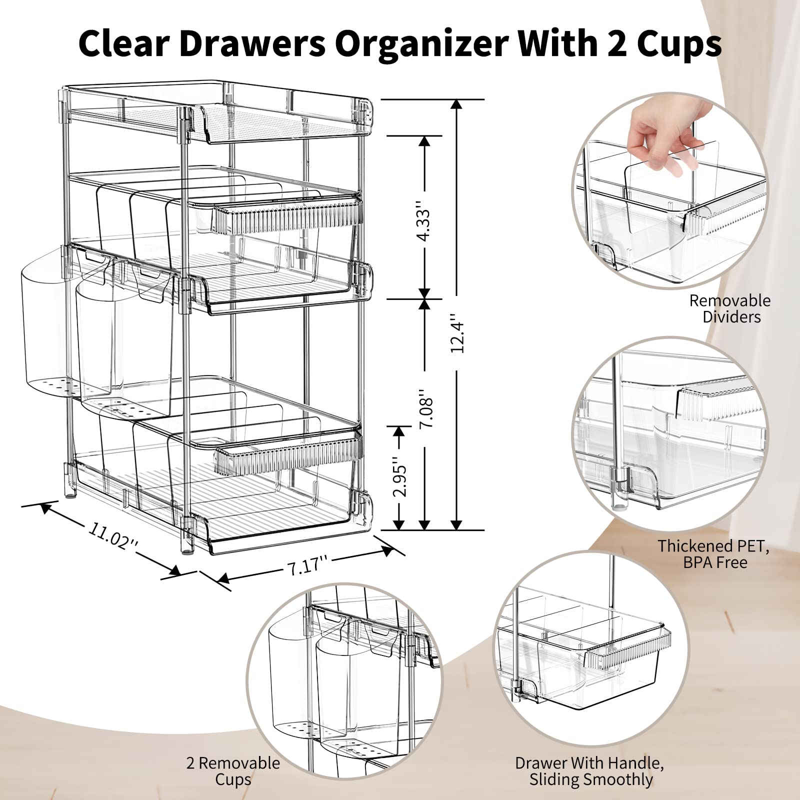 WAKISA Clear 3-Tier Pull-Out Organizer Set – Modular Acrylic Storage Drawers with Adjustable Dividers (Transparent)
