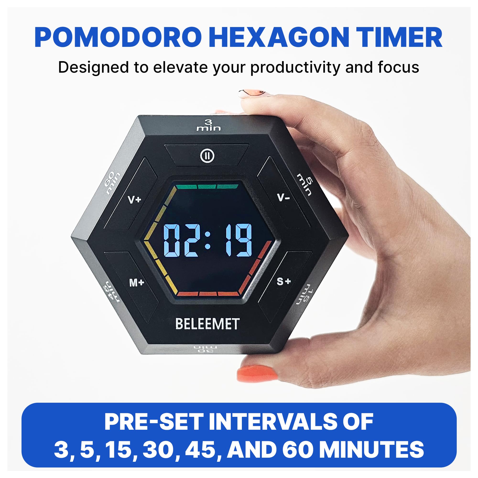 BELEEMET Magnetic Hexagon Pomodoro Timer with Gravity Flip, Custom Intervals & Adjustable Sound – Black