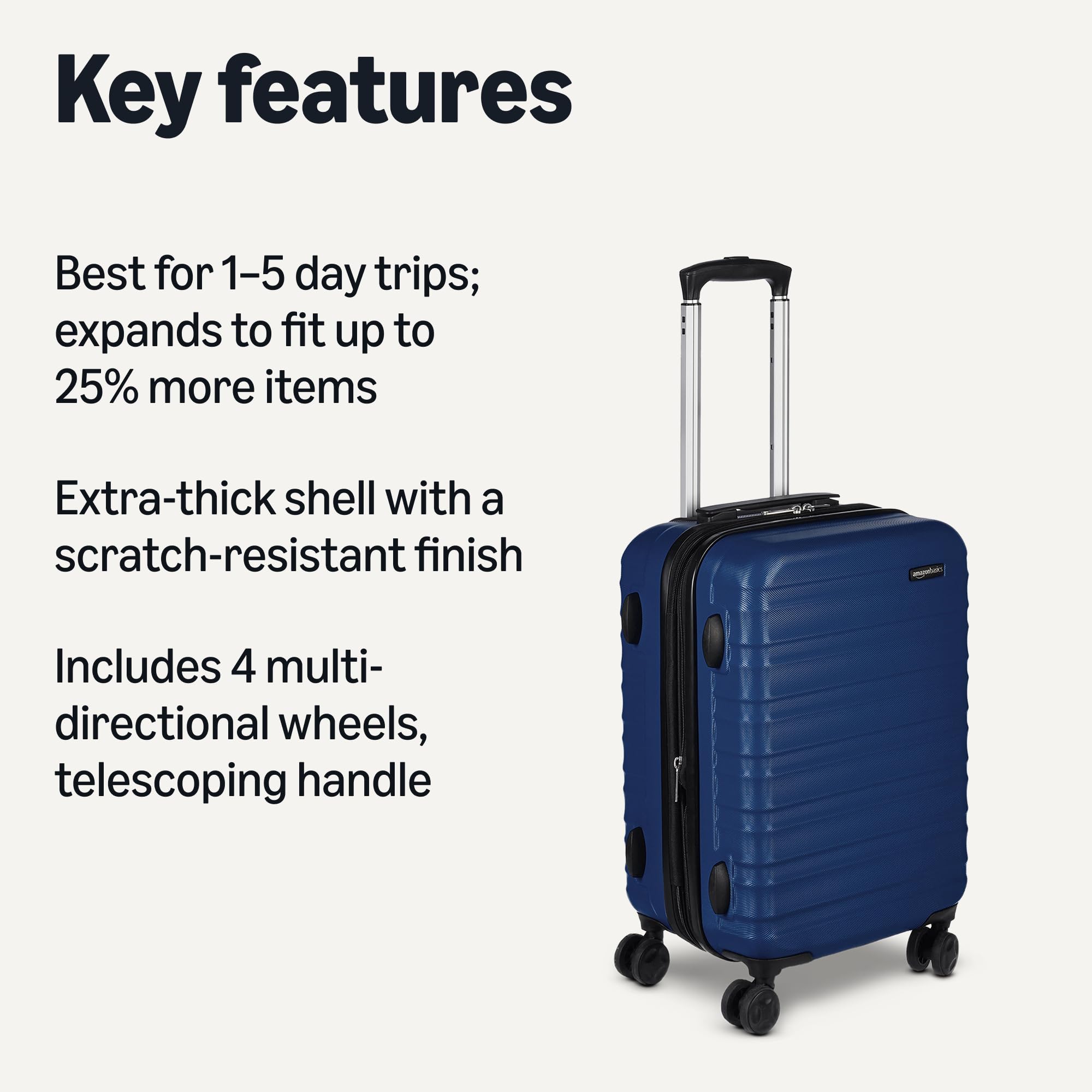 Amazon Basics 21-Inch Expandable Hardside Carry-On Luggage with Spinner Wheels – Navy Blue