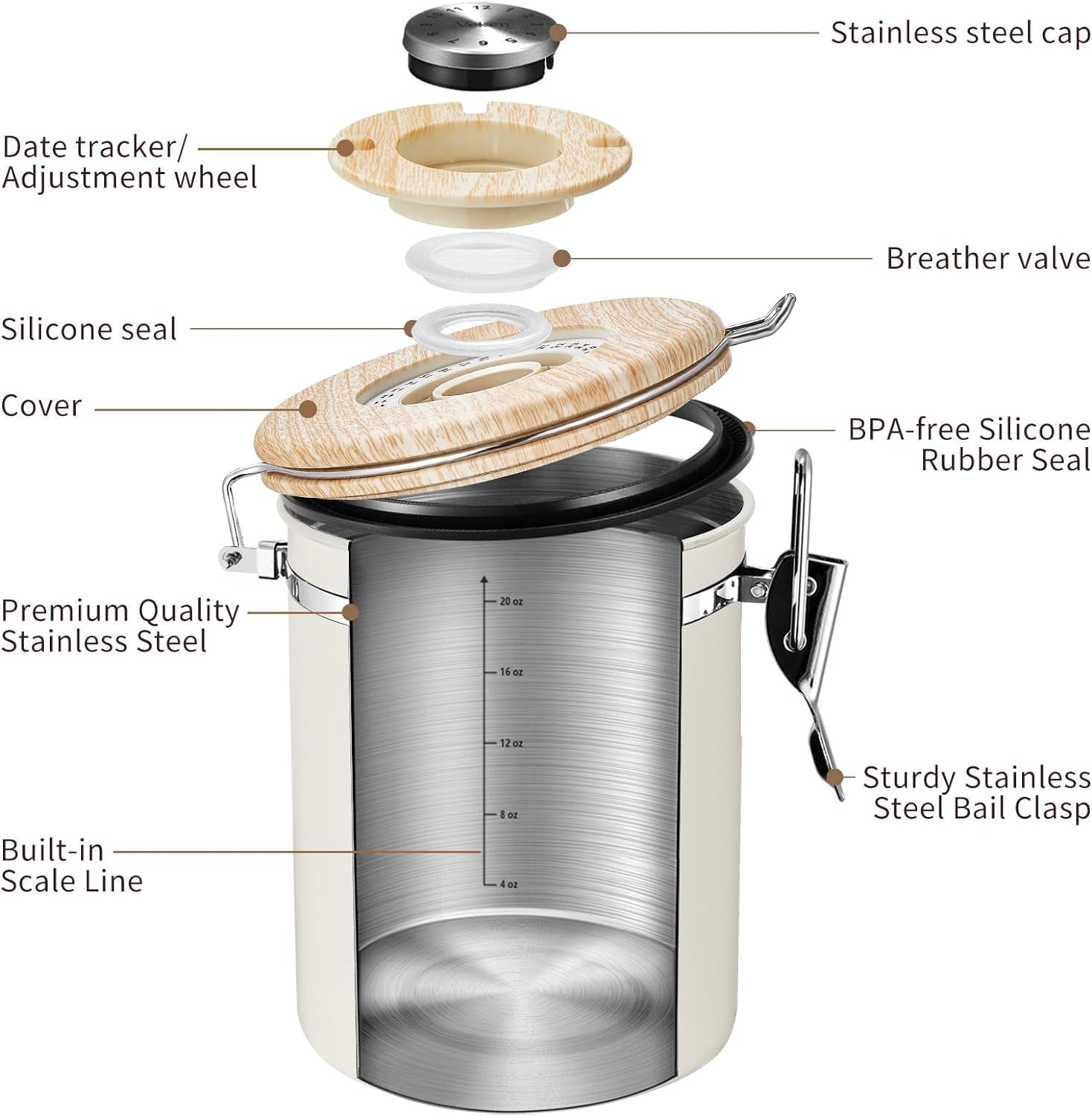 Stainless Steel Coffee Canister with CO₂ Valve – Airtight Coffee Bean Storage with Date Tracker, Window & Scoop