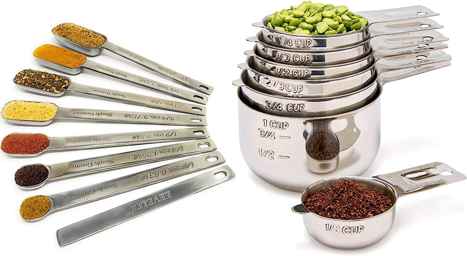 15-Piece Stainless Steel Measuring Cups & Spoons Set with Leveler – Stackable Long Handles for Cooking & Baking