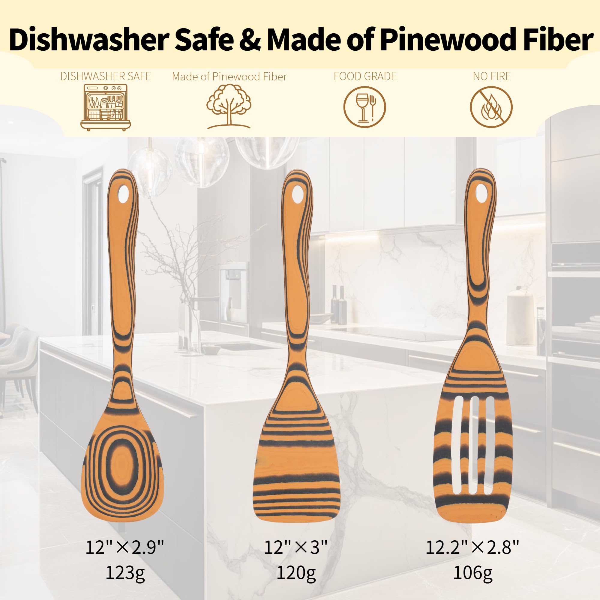 3-Piece Pinewood Fiber Wooden Spoon Set – Heat Resistant, Non-Stick Safe (Natural & Slate)