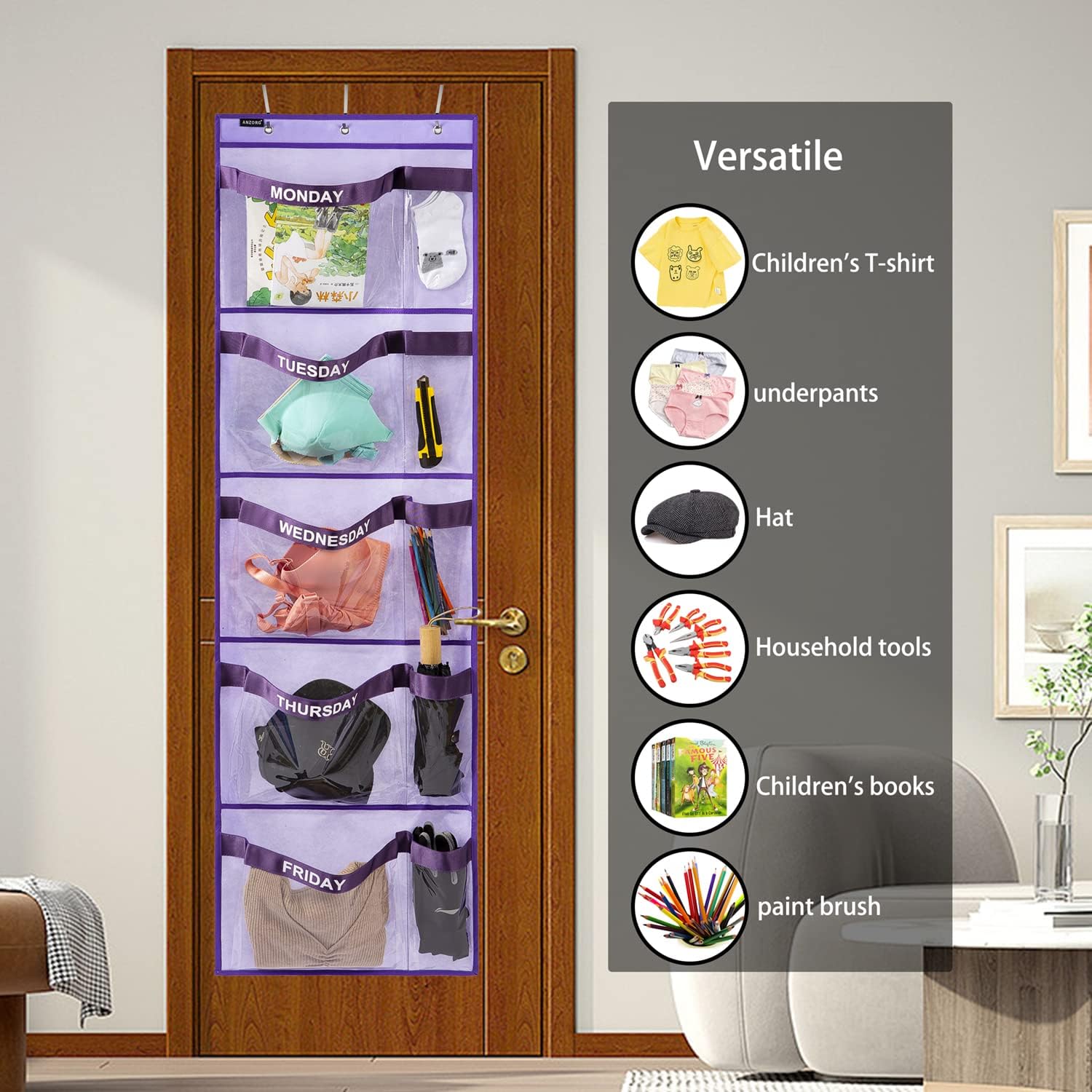 Purple Monday-Friday Kids Hanging Clothes Organizer