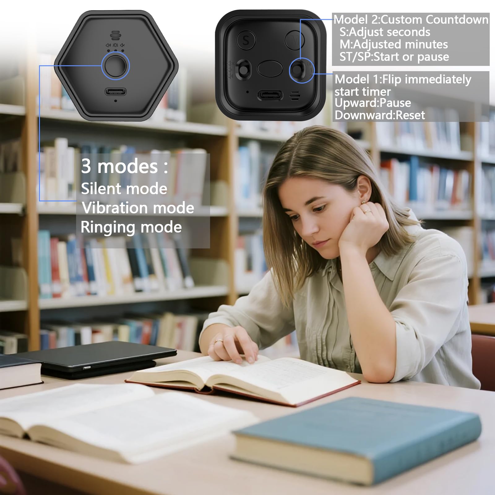 Rotating Cube Pomodoro Timer with Gravity Sensor, Preset 5/10/30/60 Min, Custom Countdown & Stopwatch, Silent Vibration Focus Timer for Office, Study & Kitchen – Black