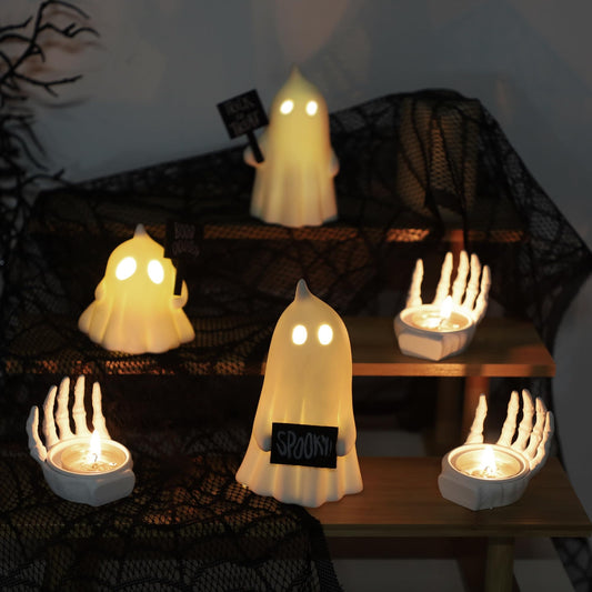 Ceramic Lighted Halloween Ghost Figurines – Set of 3 Cute White LED Ghosts with Signs “Boo”, “Spooky”, “Trick or Treat”
