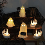 Ceramic Lighted Halloween Ghost Figurines – Set of 3 Cute White LED Ghosts with Signs “Boo”, “Spooky”, “Trick or Treat”