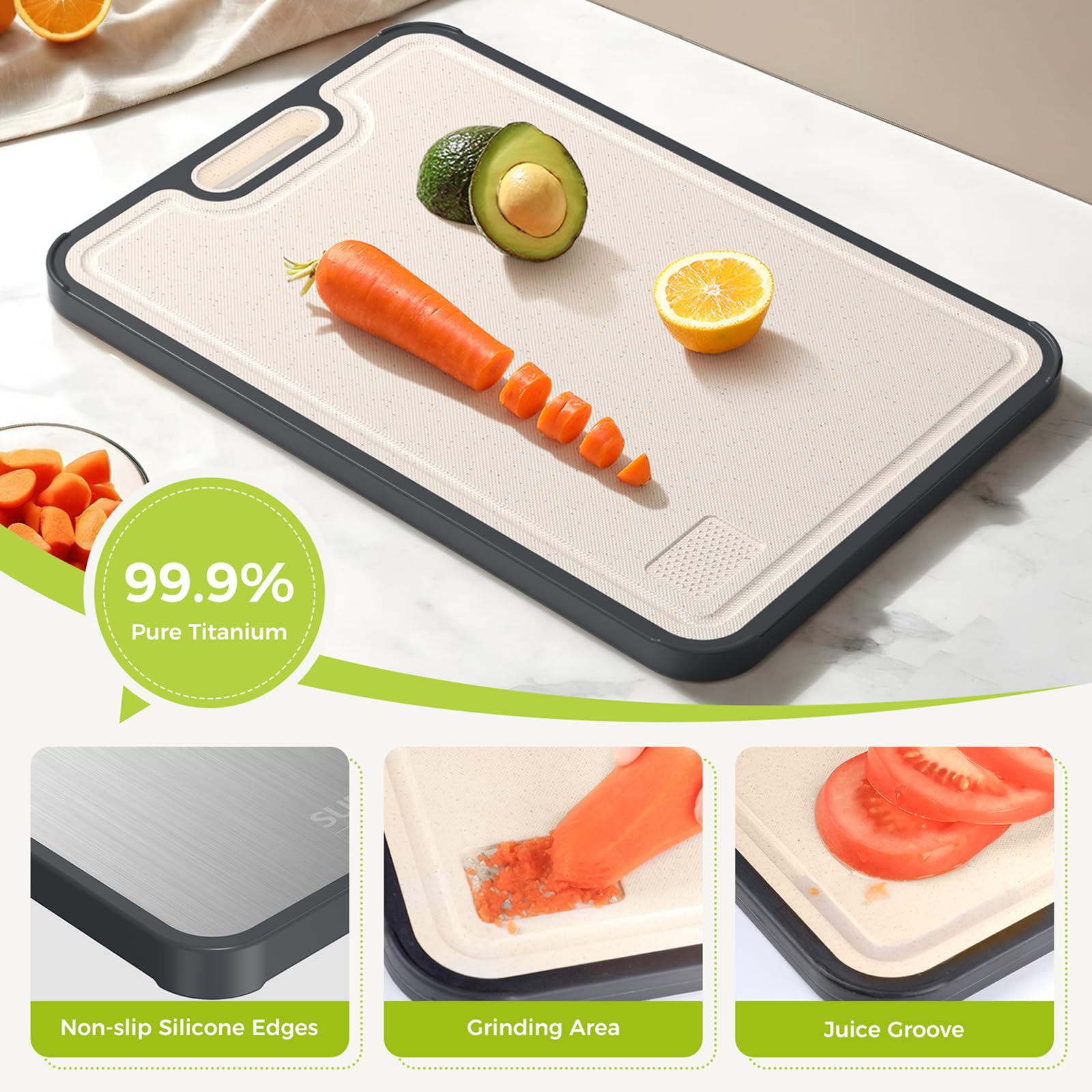 Double-Sided Pure Titanium Cutting Board with Juice Groove & Garlic Grinder – 16×11 in