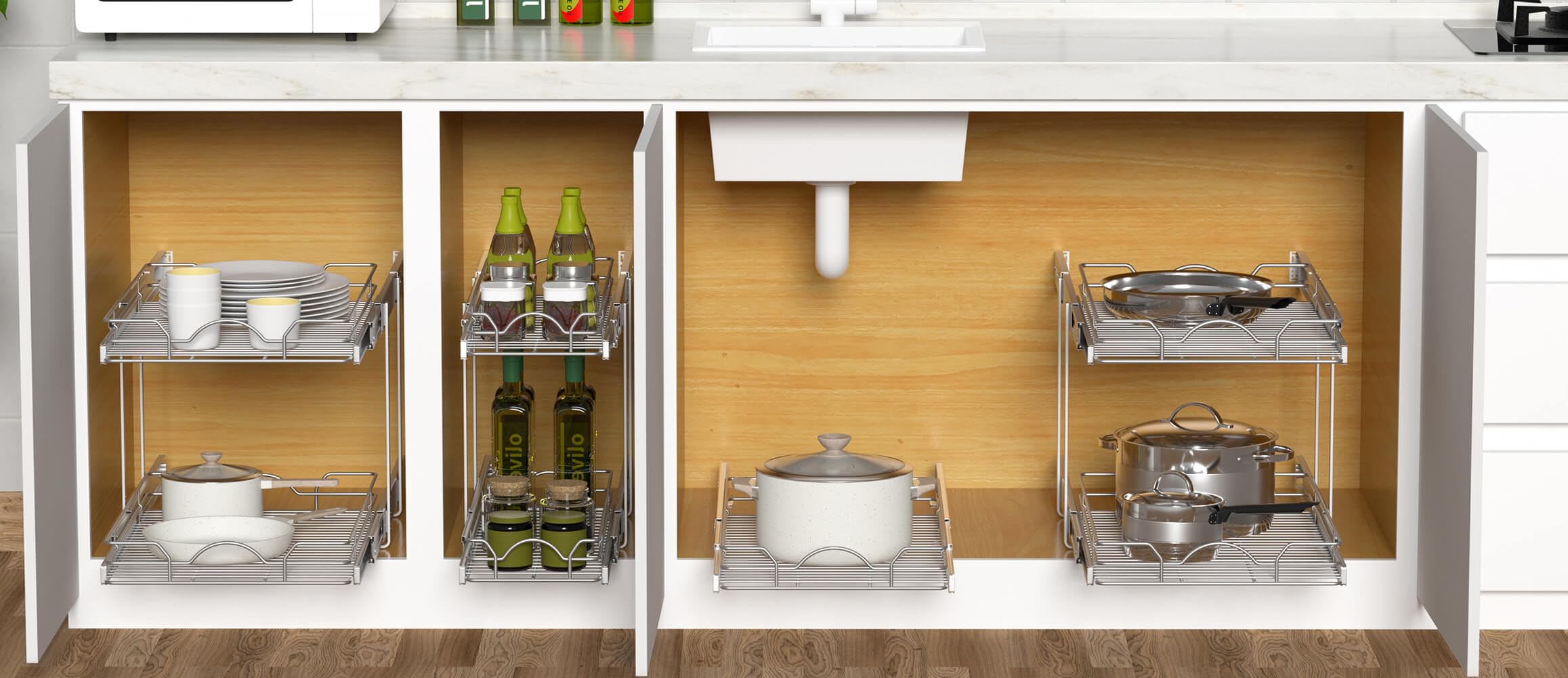 Slim Pull-Out Cabinet Organizer – 1-Tier Silver Sliding Wire Shelf for Kitchen, Bathroom & Pantry