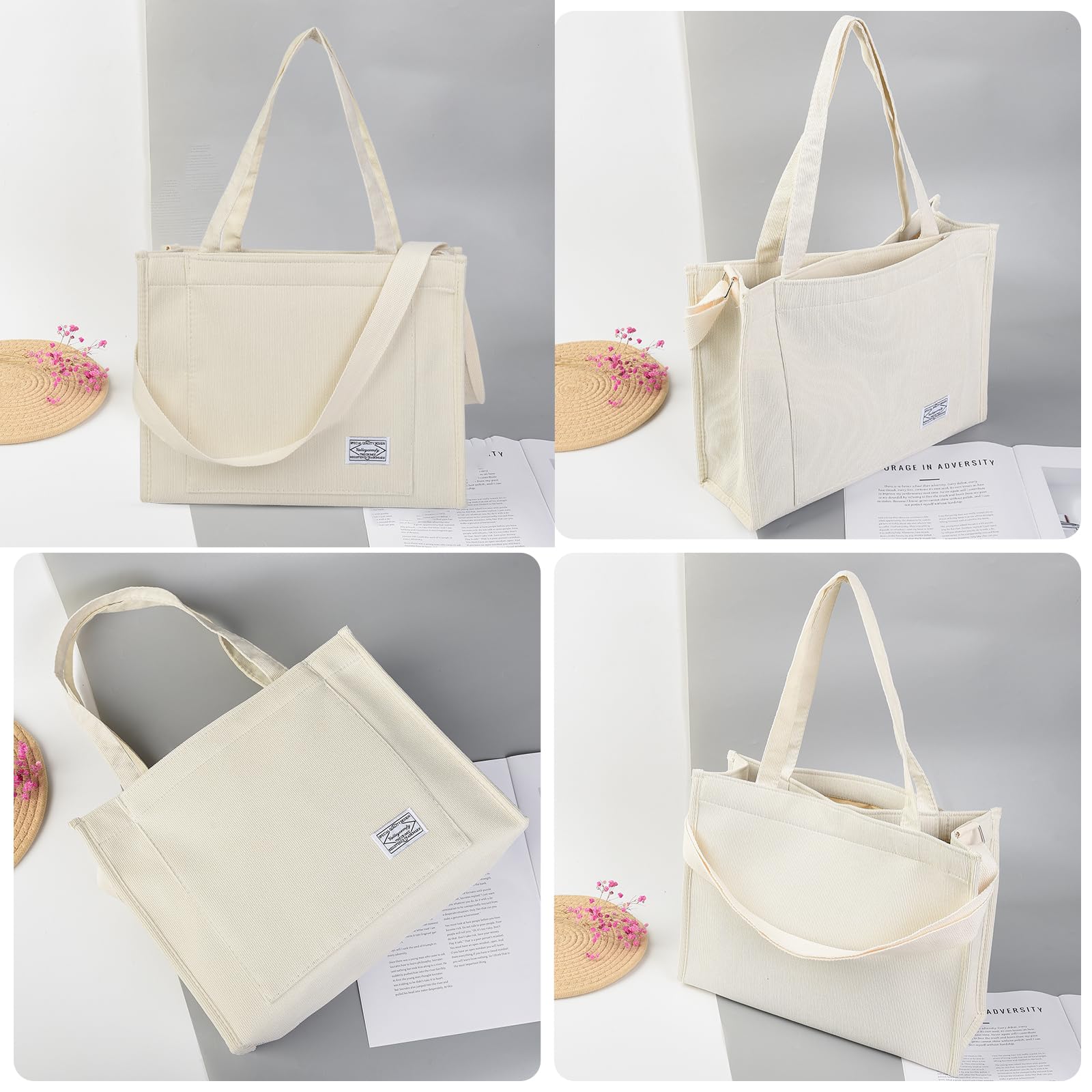 Valleycomfy Vintage Corduroy Tote Bag for Women – Large Casual Shoulder & Crossbody Bag (Beige)