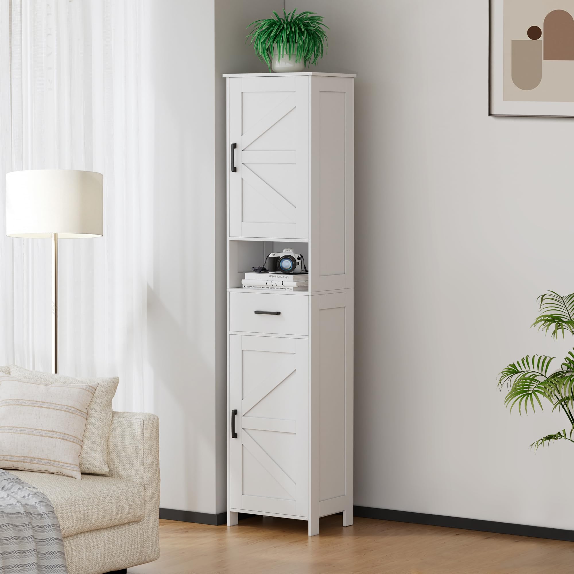 HOMHEDY 67" Tall Bathroom Storage Cabinet – Slim Floor Cabinet with Barn Doors, Drawer & Adjustable Shelves (White)