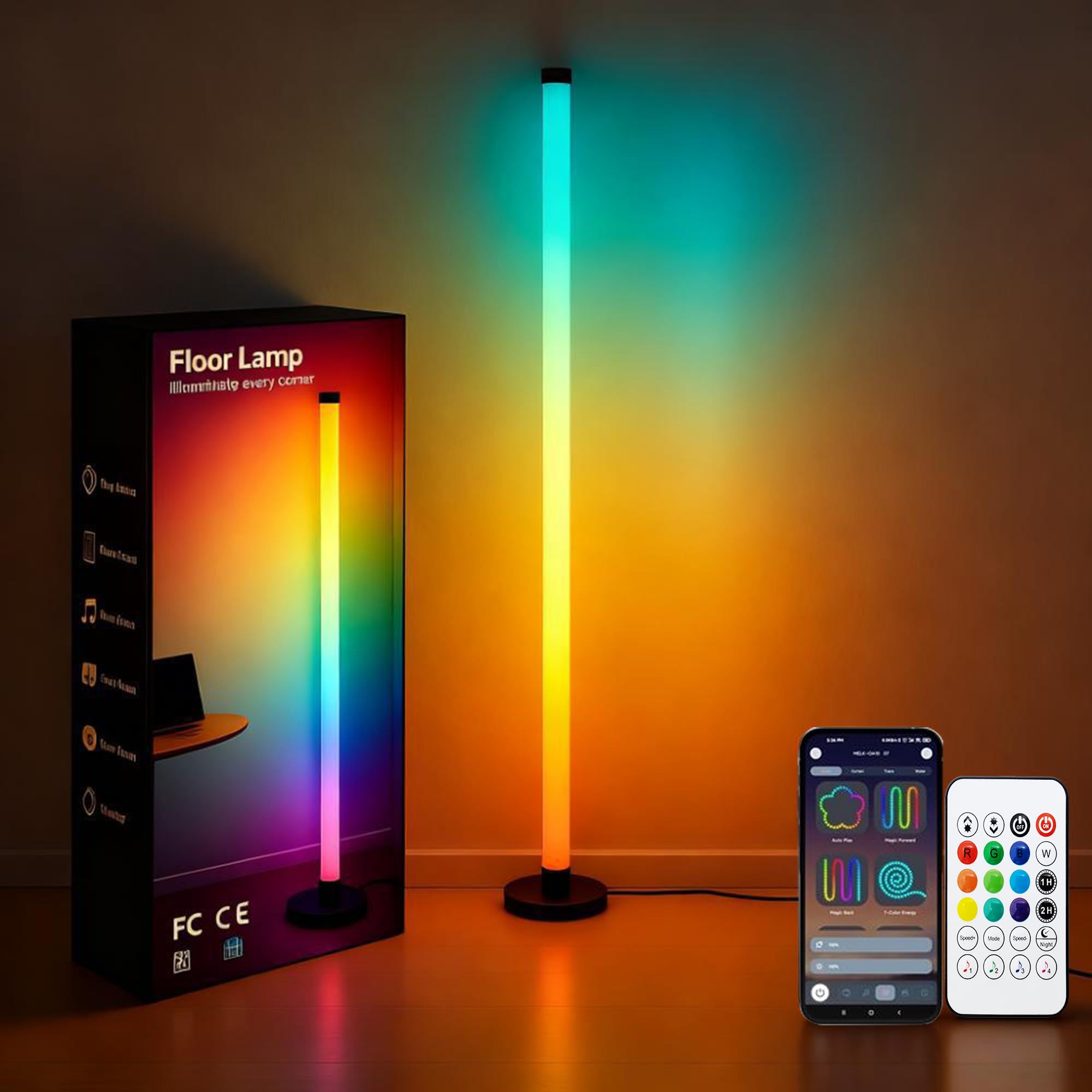 LotusLamp RGB IC Corner Floor Lamp – App & Remote Controlled Dimmable LED Light (White + Black, 48.6” Tall)