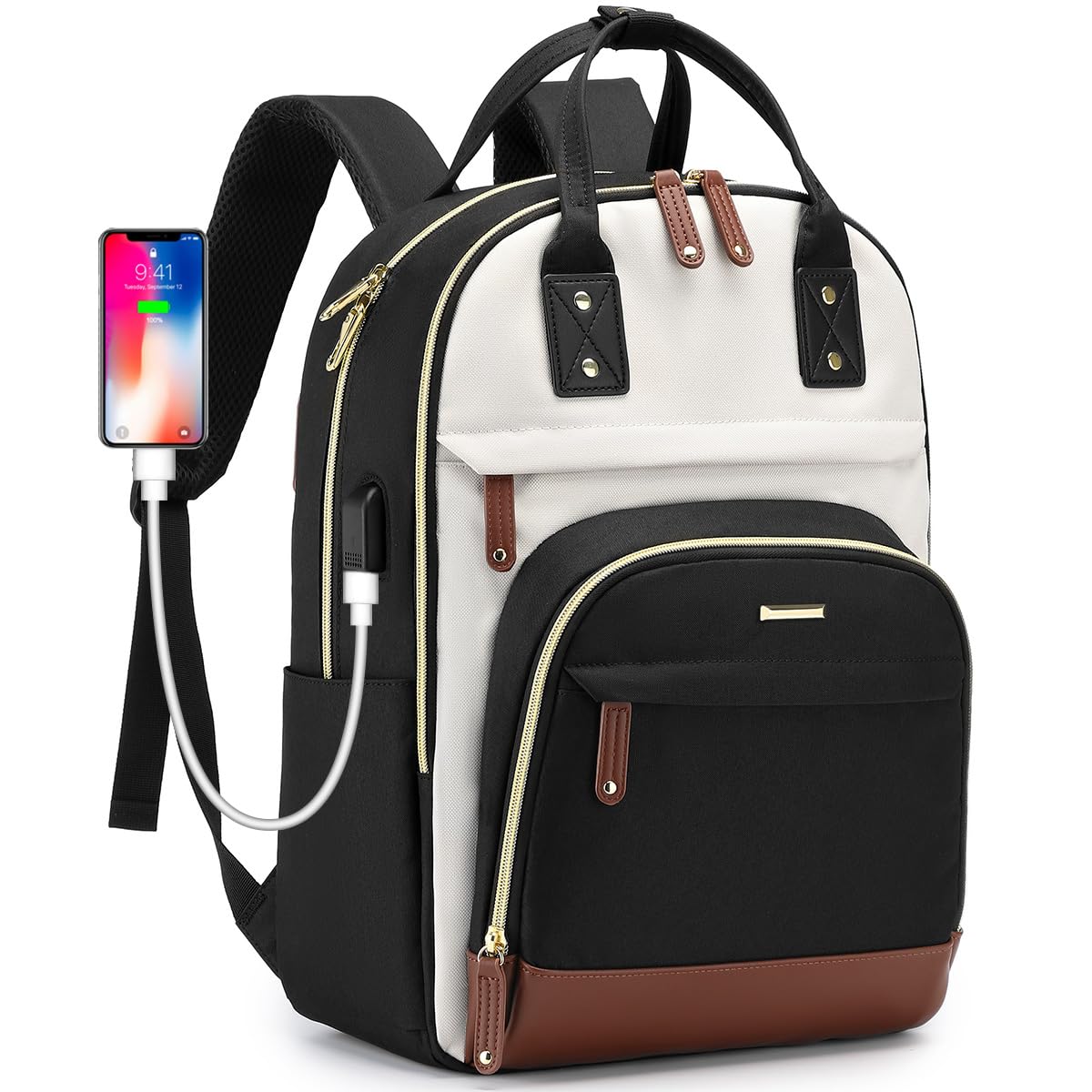 Women’s Laptop Backpack with USB Charging Port – Stylish Business & Travel Backpack for 15.6″ Laptops (Black Beige)