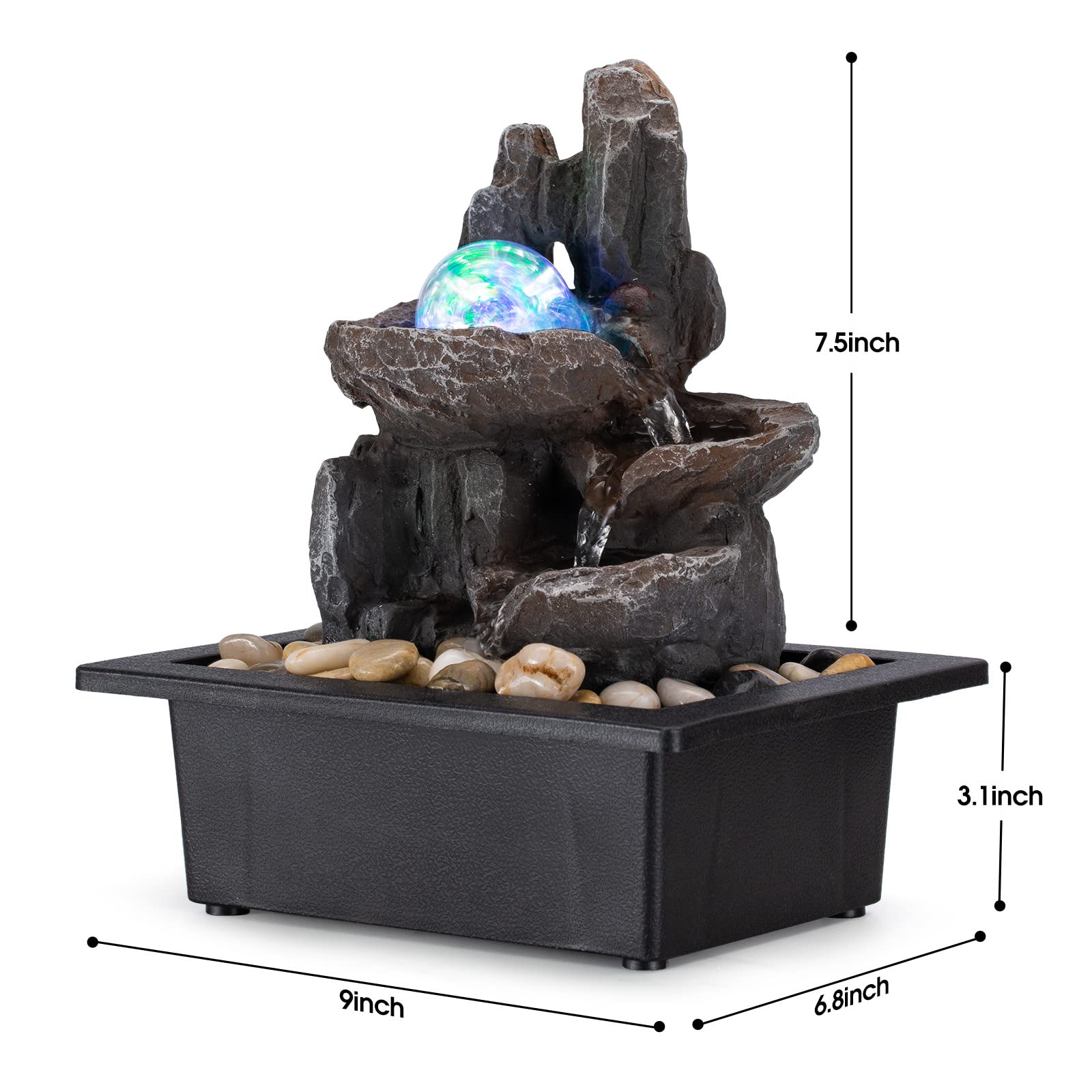 Modern Rock Zen Tabletop Fountain with LED Crystal Ball – Multi-Layer Resin Indoor Water Feature