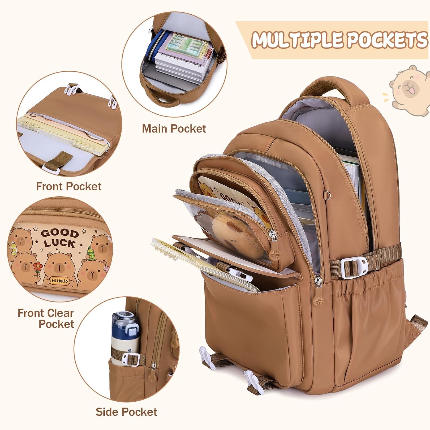 Brown Capybara 30-Piece Backpack and School Set