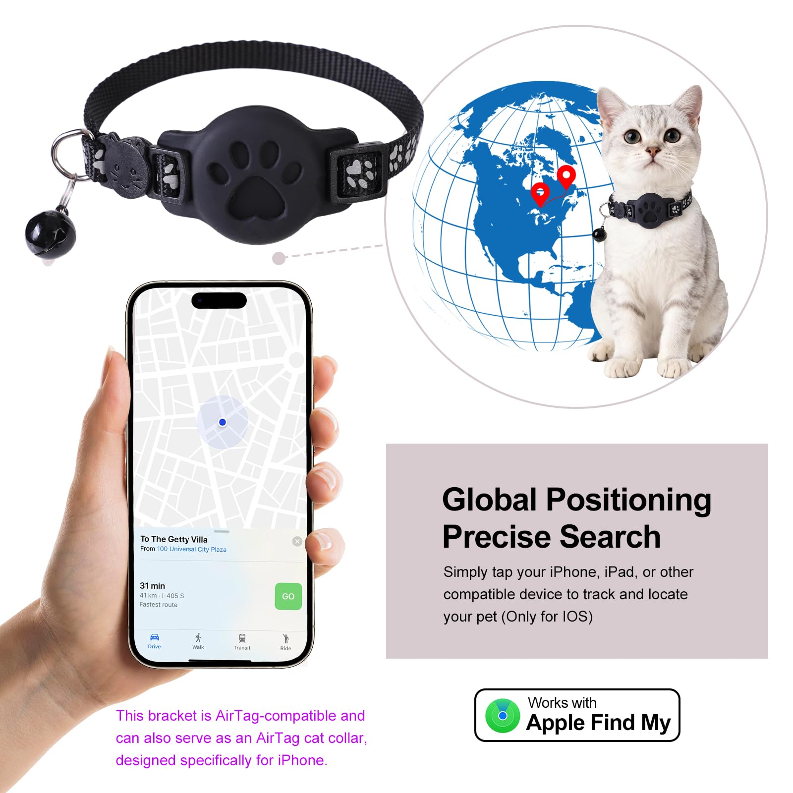 Smart GPS Tracking Cat Collar with Breakaway Safety Design & Reflective Strips – Adjustable Lightweight Tracker Holder Collar for Cats (Black)