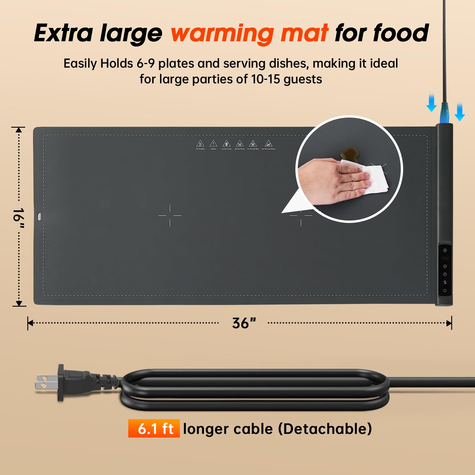 Extra-Large Electric Food Warming Mat with Timer – 9 Heat Levels, Child Lock & Even Heating