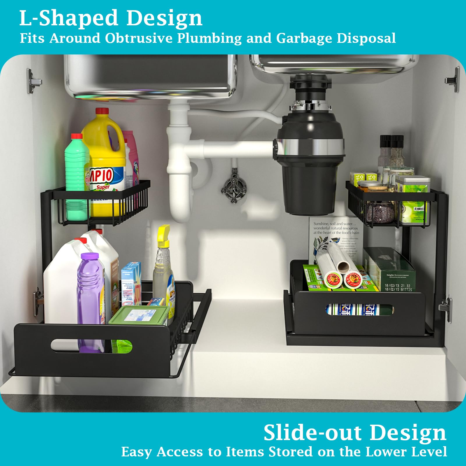 REALINN Under Sink Pull-Out Organizer – Sliding L-Shaped Cabinet Storage Shelf for Kitchen & Bathroom (Black, 2-Pack)