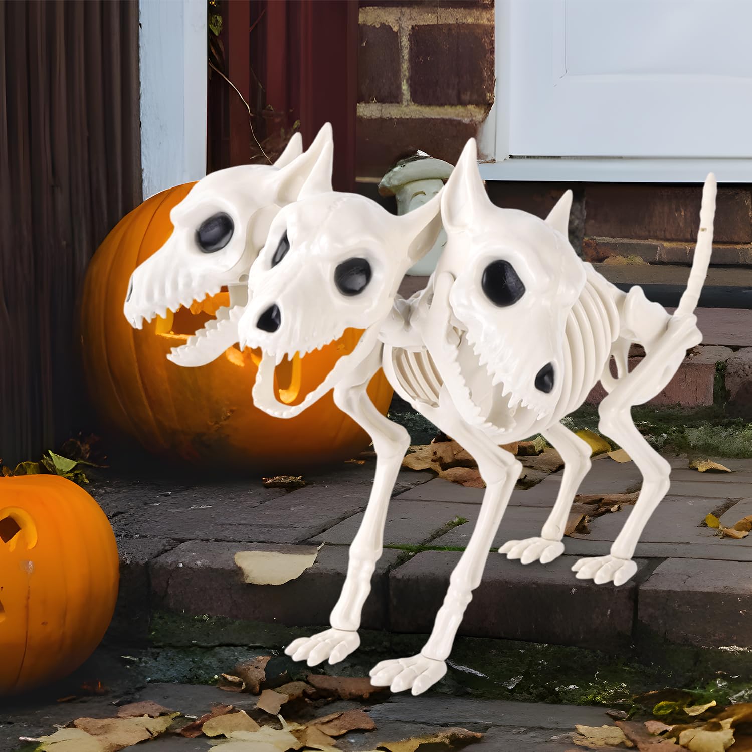JOICEE 12’’ Halloween Dog Skeleton, Three-Headed Spooky Realistic Halloween Puppy Dog Skeleton Statue Prop for Scary Props Party Decoration