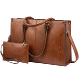 LOVEVOOK Vintage Leather Laptop Tote Bag for Women – 15.6” Large Capacity Work & Business Shoulder Handbag (Dark Brown)