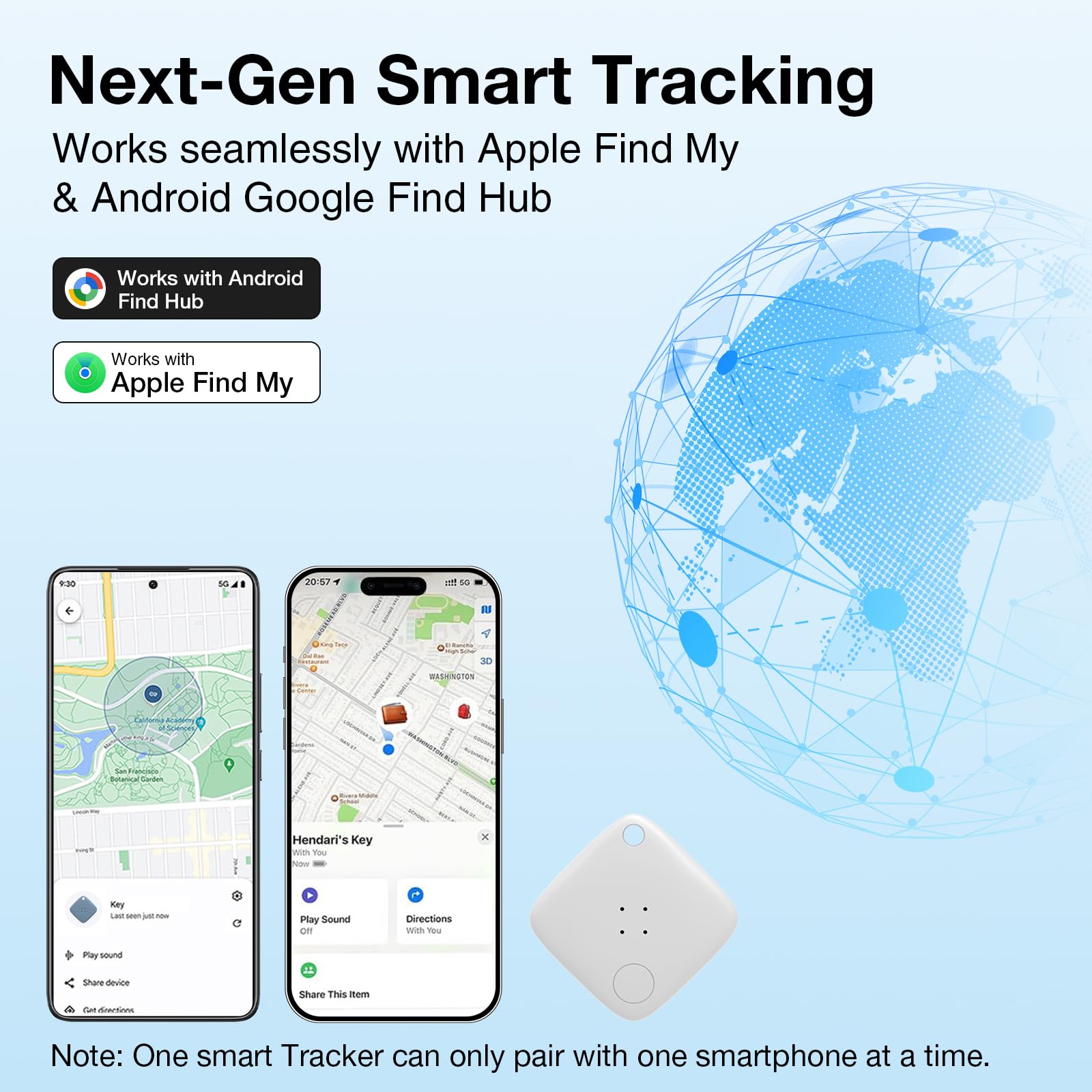 Smart Bluetooth Tracker Tag Compatible with Apple Find My & Google Find Hub, Waterproof Item Locator with Sound Alert – White