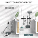 HOMEASY Wall-Mount Mop & Broom Holder – Heavy-Duty Stainless Steel Organizer with Hooks (Black, 2 Pack)