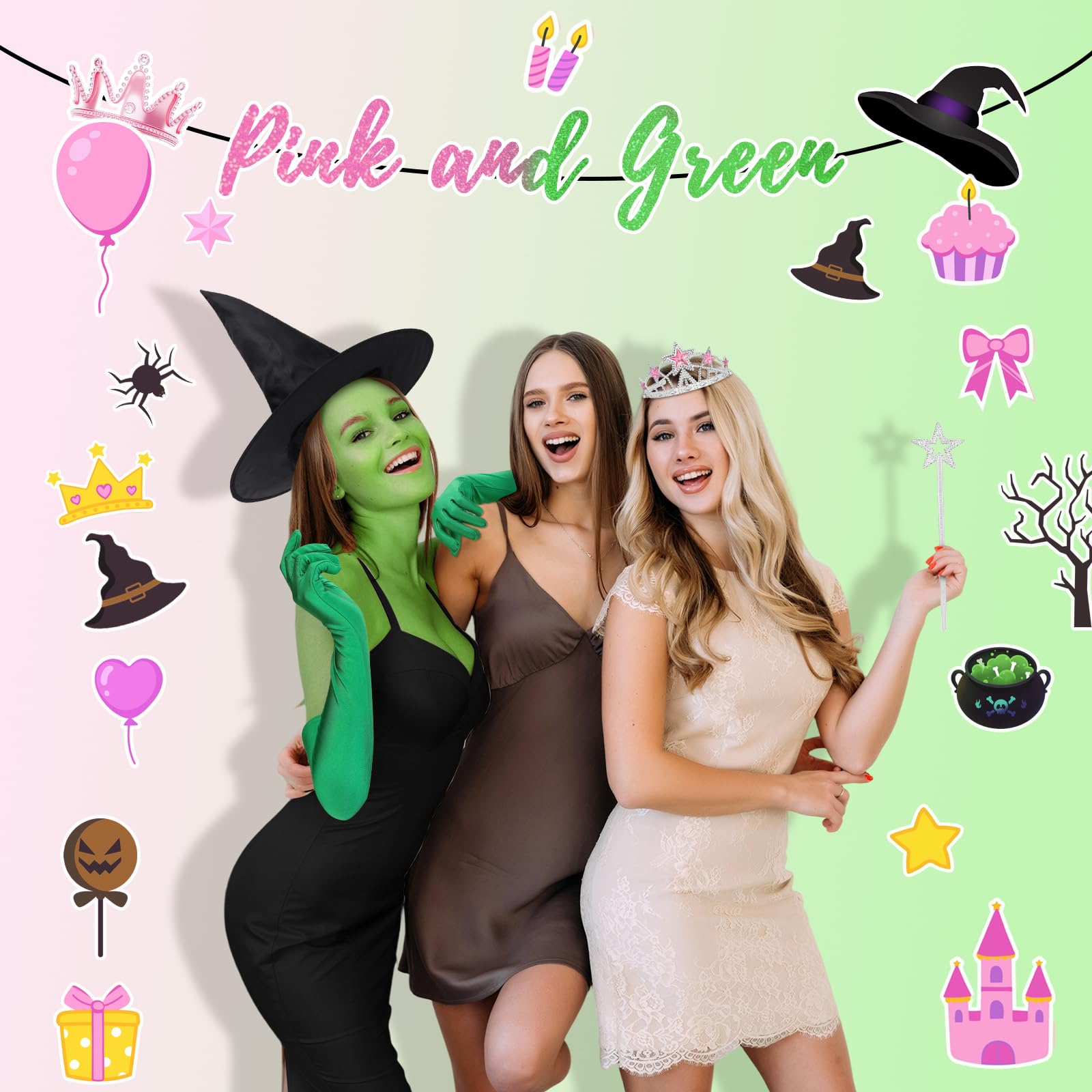 Green & Pink Witch Costume Accessory Set – Glitter Crown, Star Wand, Witch Hat & Gloves 💚🌸✨