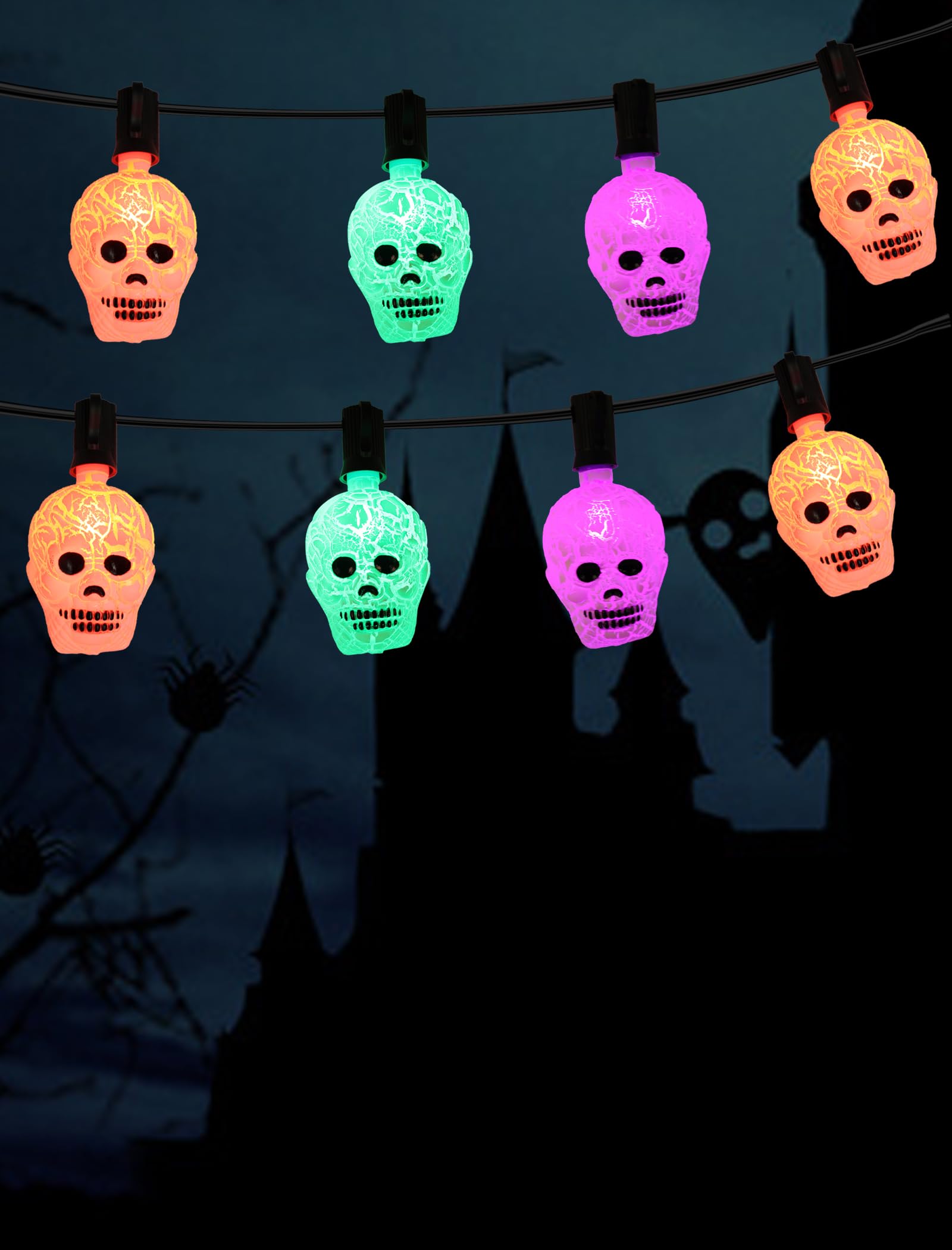 Crackle Skull String Lights – 10Pc Gothic Halloween LED Set with End-to-End Connectors (Multicolor, Indoor & Outdoor Use)