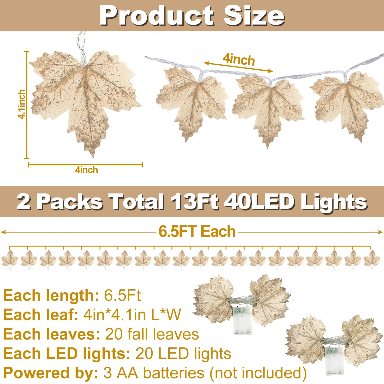 Fall Maple Leaf String Lights – 2 Pack 13ft 40 LED Grey & White Garland Lights with Timer, Battery Operated Waterproof Fall Décor