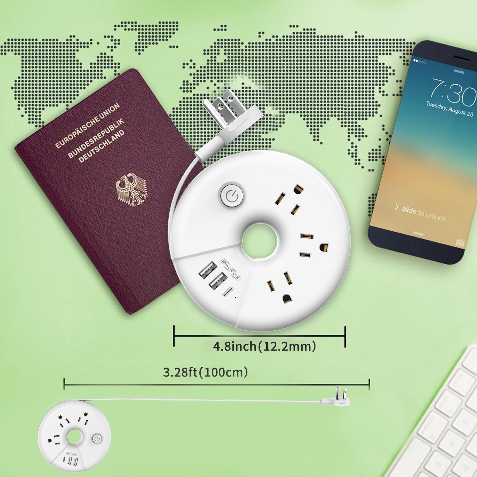 Compact Travel Power Strip with 3 Outlets & 3 USB Ports – Desktop Charging Station with 3ft Cord (White)