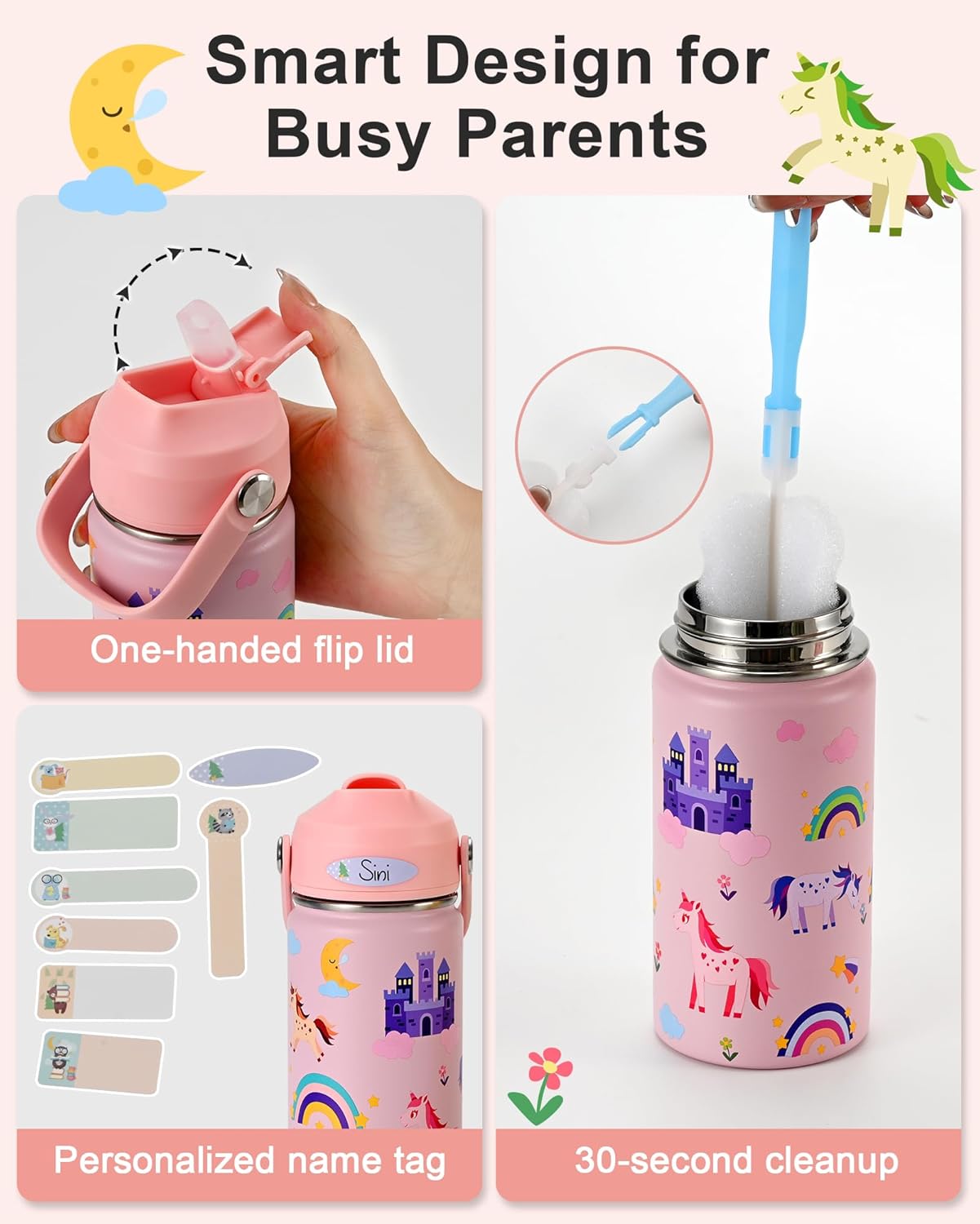 14 oz Kids Insulated Water Bottle with Silicone Straw – Leakproof Stainless Steel School Bottle