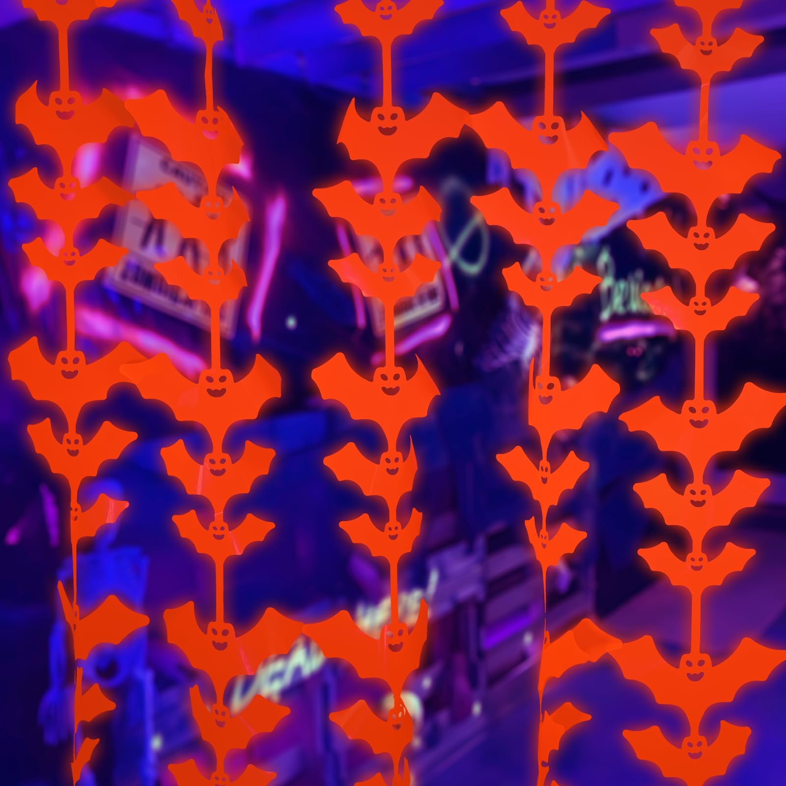 Halloween Glow in the Dark Bat Foil Fringe Curtains – 2 Pack Fluorescent Orange Tinsel Backdrop for Neon Party & Photo Booth (3.3x6.6ft)