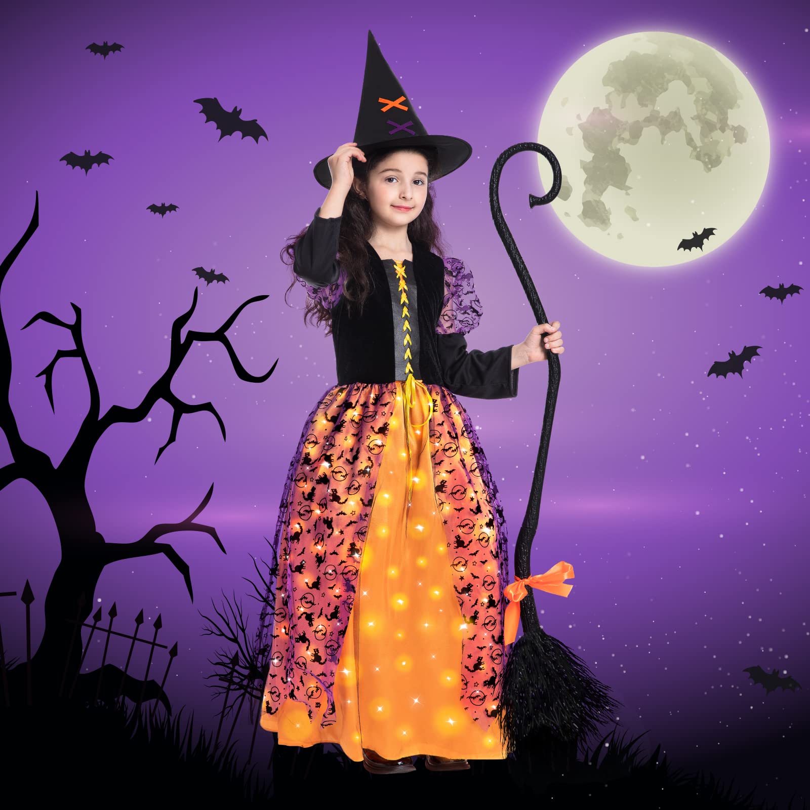 Purple Light-Up Witch Costume for Girls with Hat & Broom – LED Halloween Cosplay Outfit