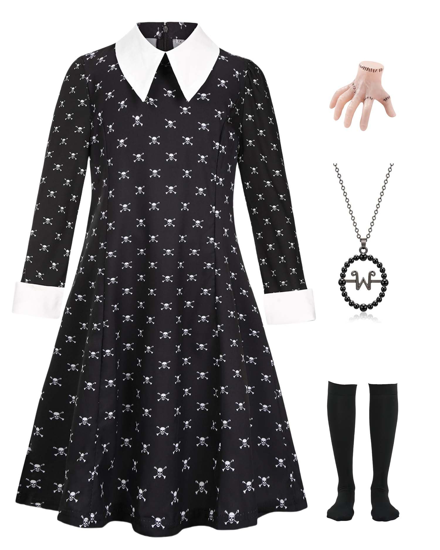 Girls Black Halloween Costume Set – Skull Print Dress, Necklace, Hairpin & Socks (Kids Princess Cosplay)
