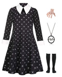 Girls Black Halloween Costume Set – Skull Print Dress, Necklace, Hairpin & Socks (Kids Princess Cosplay)