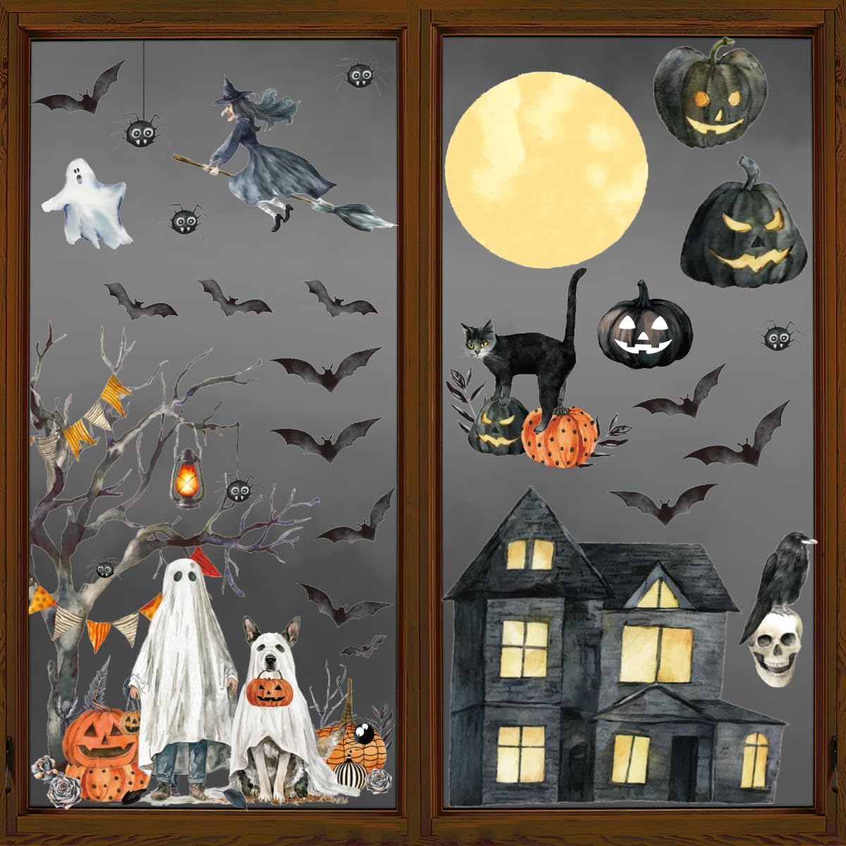 Horaldaily 30 PCS Halloween Window Cling Sticker, Jack-O-Lantern Pumpkin Castle Tree Ghost Bats Cat Witch Cobweb Home Party Supplies Shop Window Glass Display Decoration