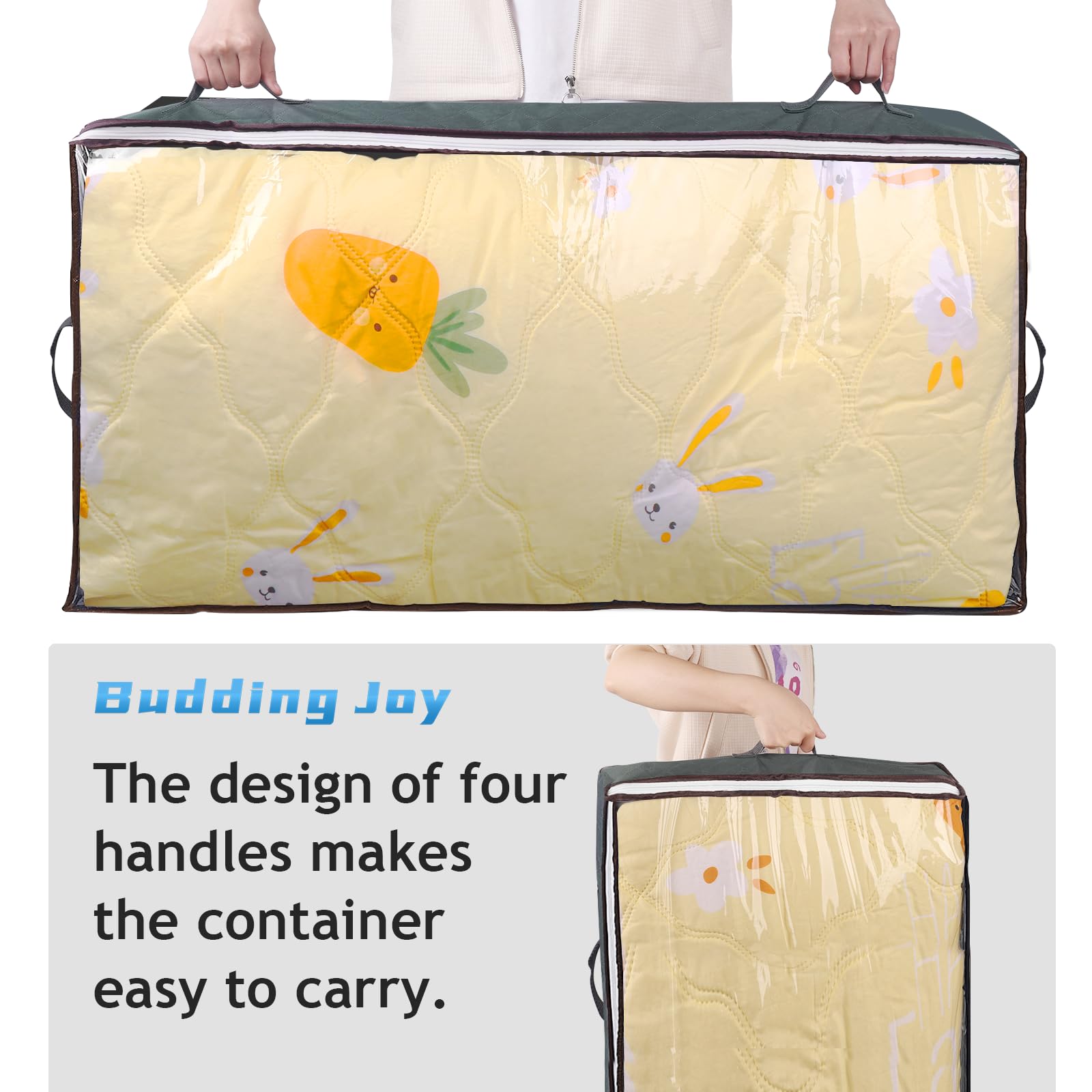 Budding Joy 90L Under Bed Storage Containers – Foldable Closet Organizer Bags with Clear Window (Grey)