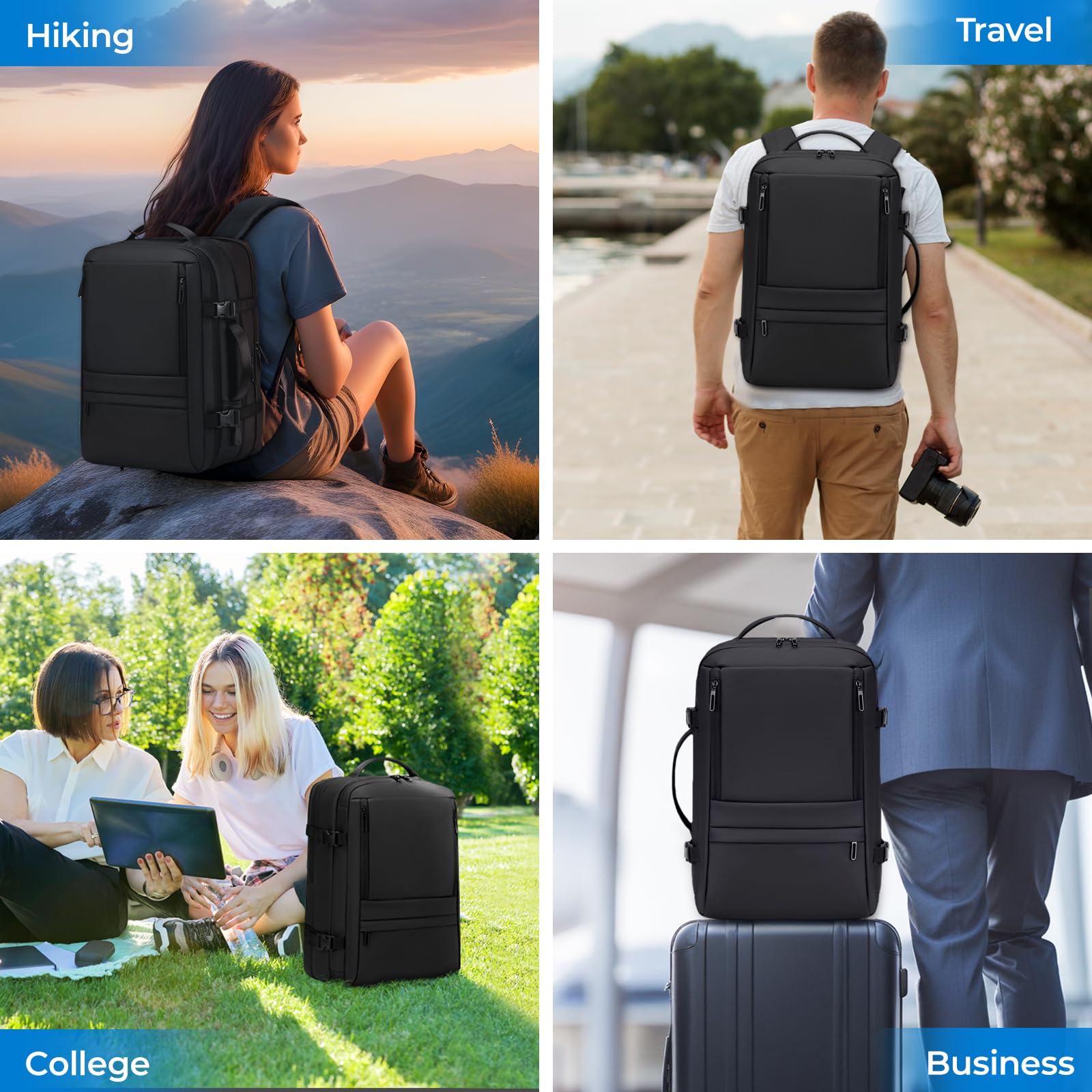RCRIRTH 35L Expandable Carry-On Travel Backpack with 17.3” Laptop Compartment – TSA Approved – Black
