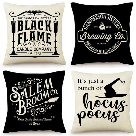 Halloween Pillow Covers – Set of 4 Farmhouse Style Decorative Cushion Cases (18x18 Inches, Hocus Pocus Halloween Home Décor)