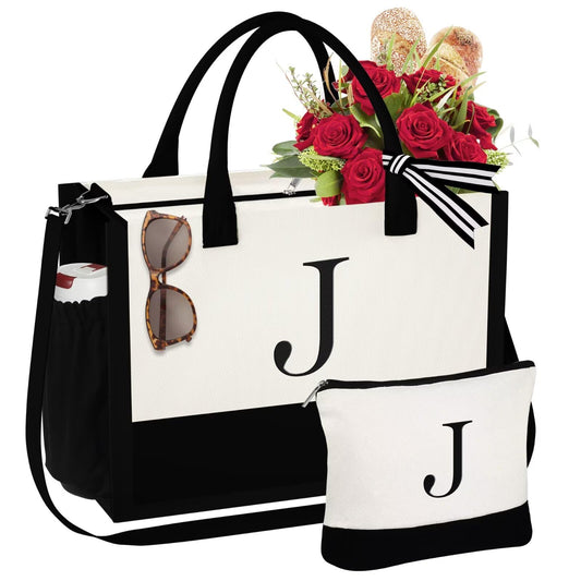 YOOLIFE Personalized Initial Tote Bag for Women – Large Zippered Monogram Tote with Crossbody Strap & Makeup Pouch (White, Letter J)