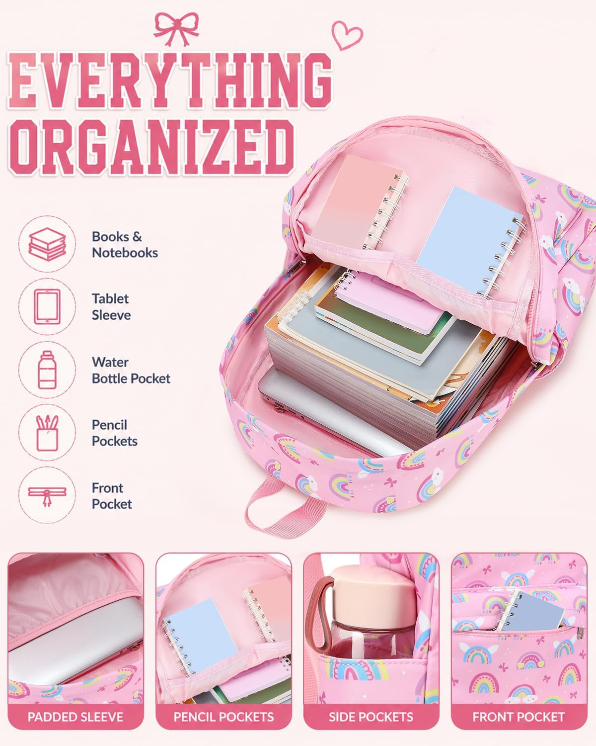 Pink Rainbow School Backpack Set with Matching Lunch Bag