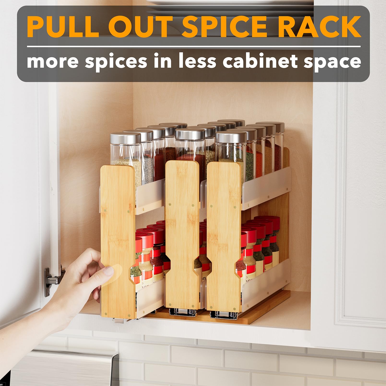 Bamboo Pull-Out Spice Rack Organizer – 2-Tier Vertical Cabinet Storage with 3 Slide-Out Drawers, Natural