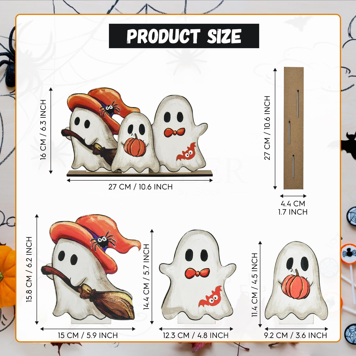 Wooden Ghost Halloween Table Decor Set – 3 Black Wooden Signs with Base for Farmhouse Holiday Display