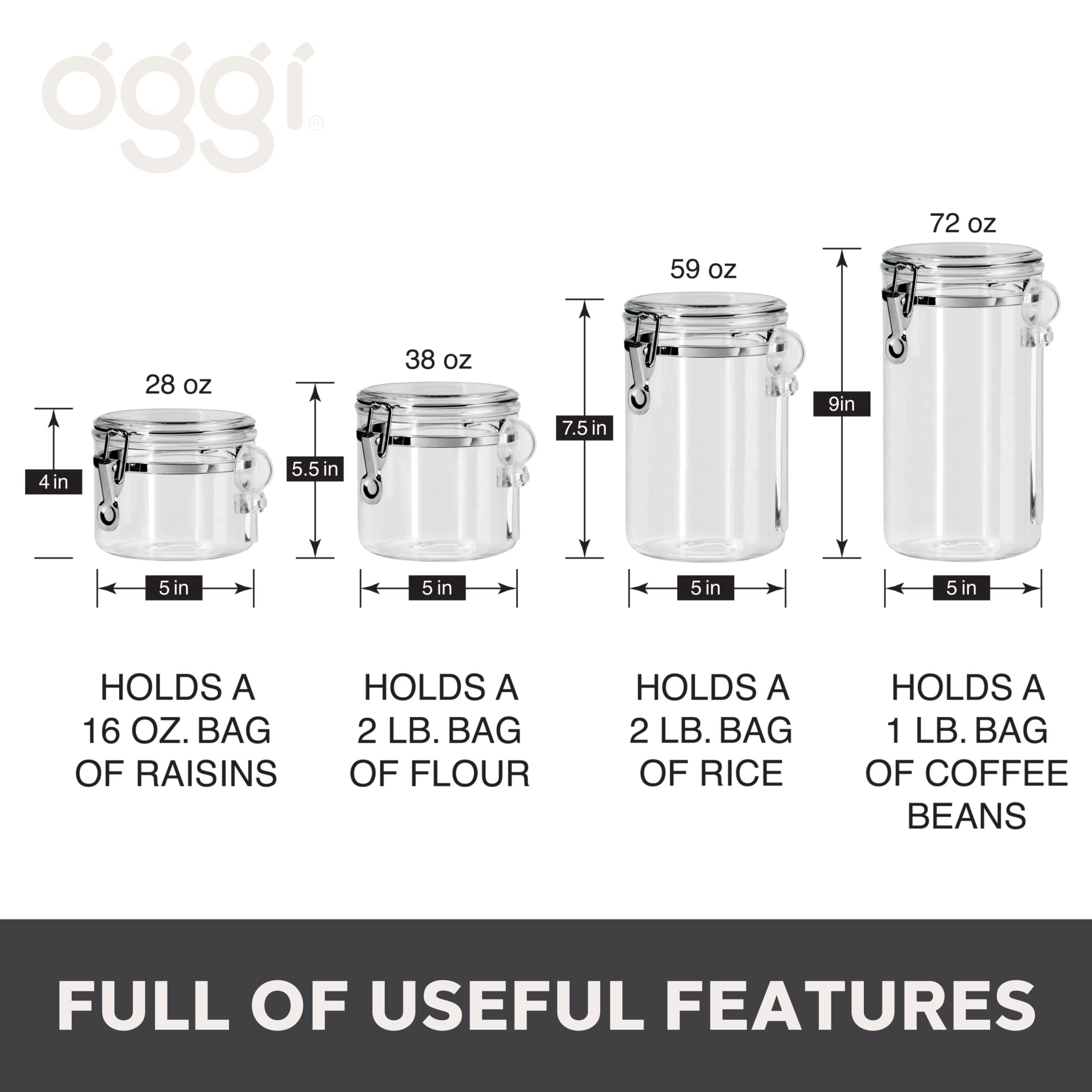 Airtight Kitchen Canister Set – 4-Piece Stackable Food Storage Containers with Scoops (Black Lids)