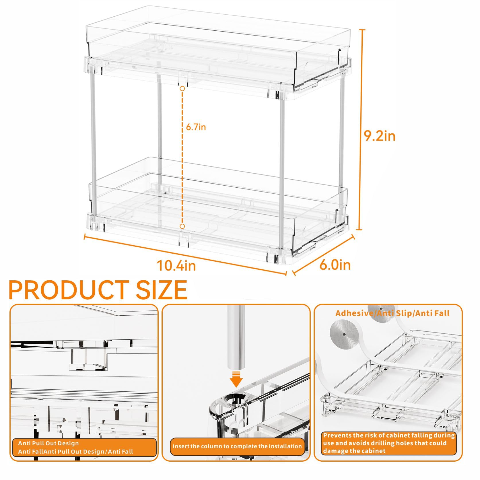 Clear 2-Tier Pull-Out Cabinet Organizers (4-Pack) – Compact Slide-Out Drawers for Bathroom, Under Sink & Pantry Storage