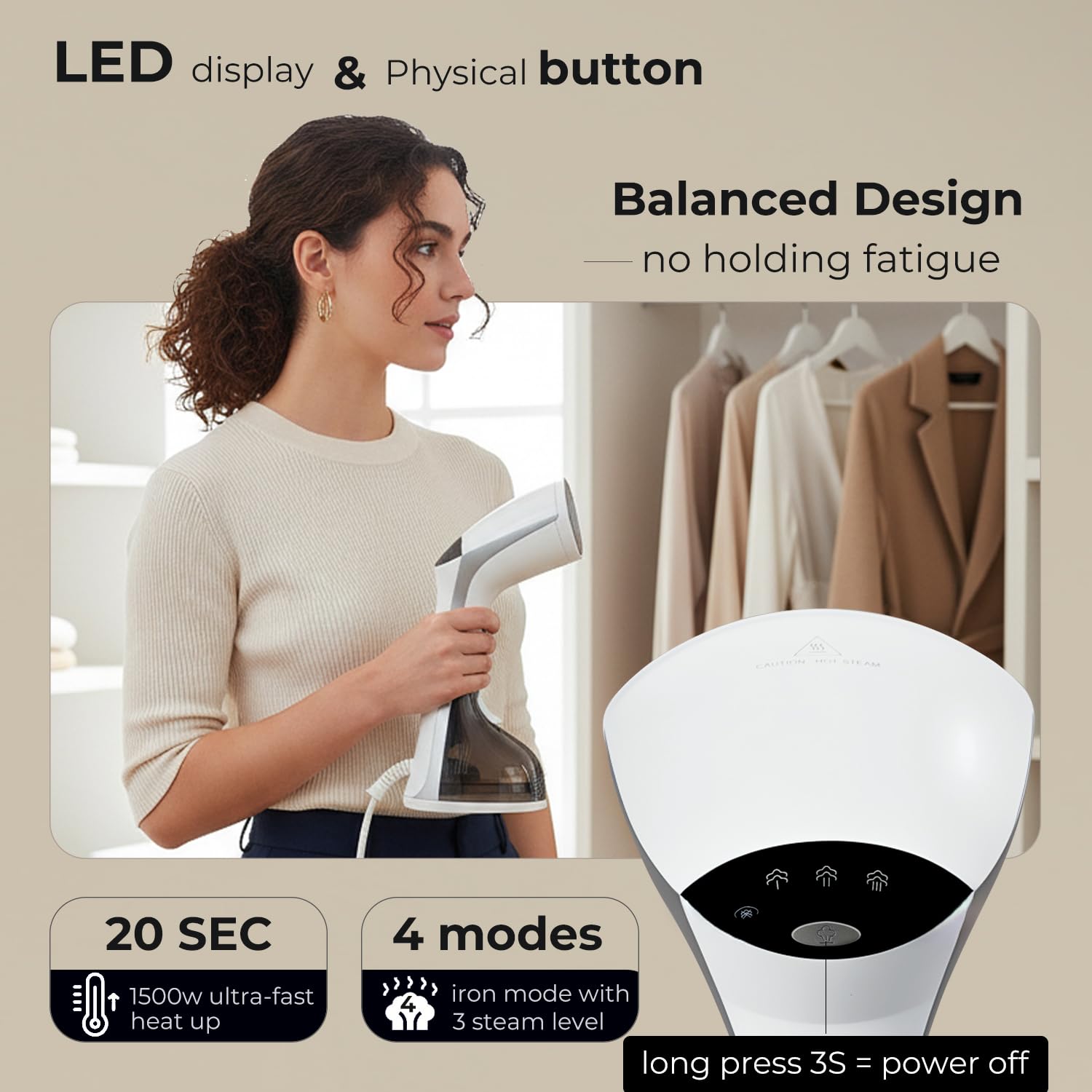 High Performance Handheld Garment Steamer 1500W with LED Display and Multi Steam Control System